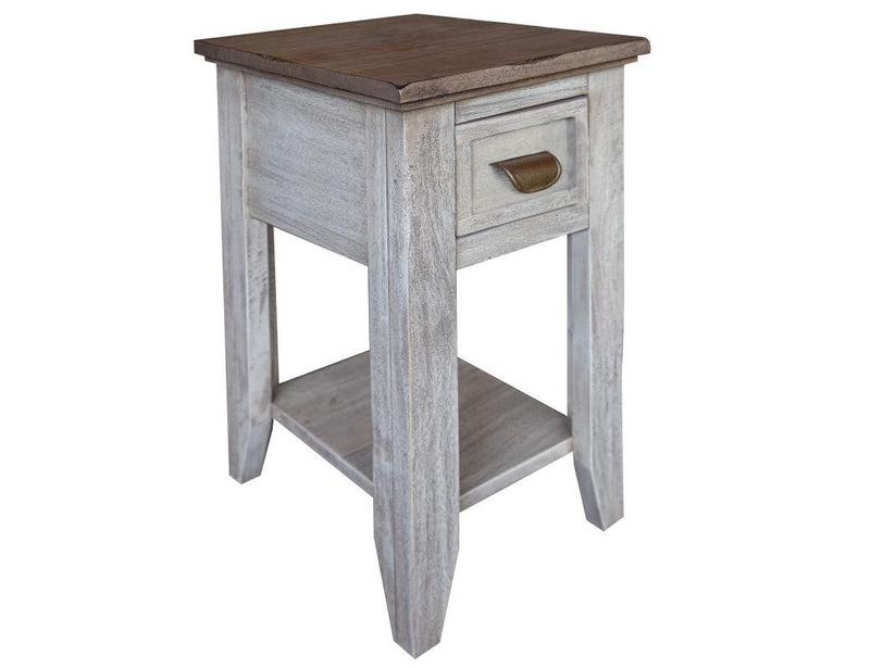Sahara end table with one drawer and shelf, chair side table from International Furniture Direct, natural wood finish, detailed craftsmanship