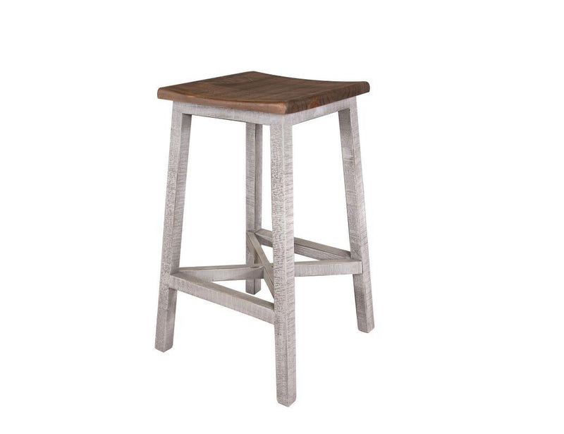 Gray Pueblo 30-inch barstool by International Furniture Direct with wooden legs and cushioned seat.