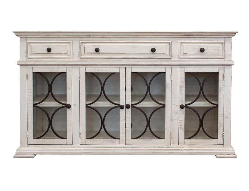 International Furniture Direct Ivory console with 4 glass doors and 3 drawers, showcasing elegant storage and craftsmanship.