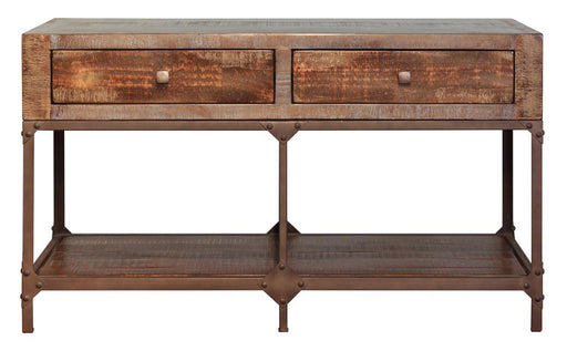 Urban Gold sofa table with two drawers by International Furniture Direct, featuring a sleek design and gold finish.