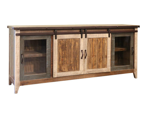 Antique multicolor TV stand from International Furniture Direct with glass doors, sliding doors, and multiple shelves.