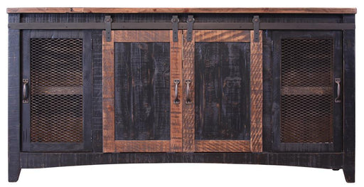 Black Pueblo TV stand with two doors and two mesh doors, modern console table by International Furniture Direct