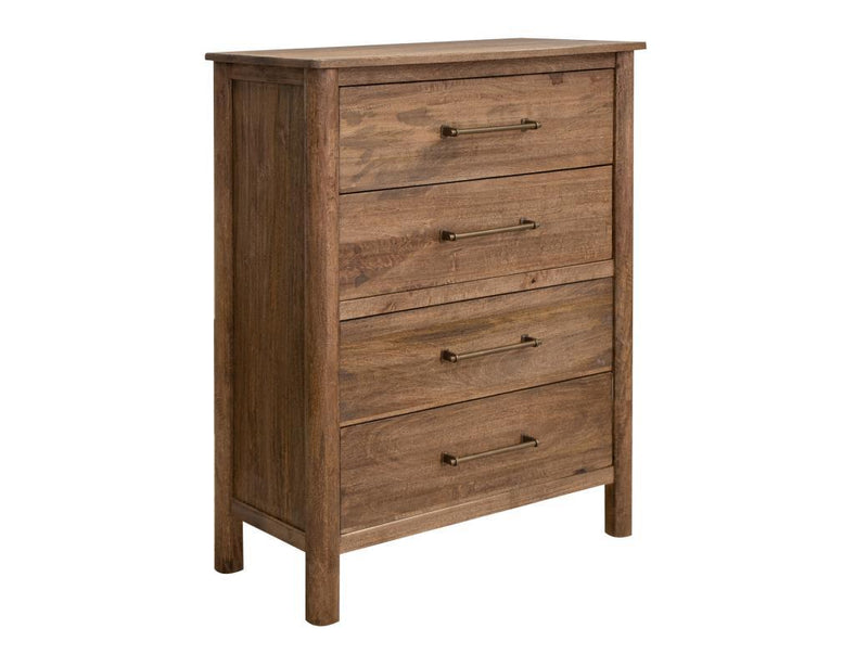 International Furniture Direct Olimpia 4-drawer chest with a rustic wood finish and classic design, showcasing sturdy drawers and elegant hardware.