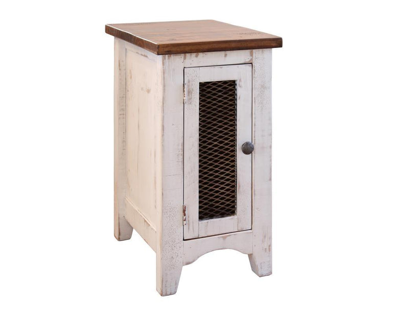 International Furniture Direct Pueblo White 1 Mesh Door end table with a sleek white finish and mesh door detail.