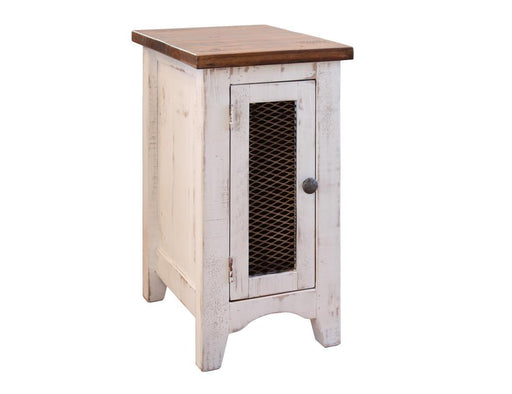 International Furniture Direct Pueblo White 1 Mesh Door end table with a sleek white finish and mesh door detail.