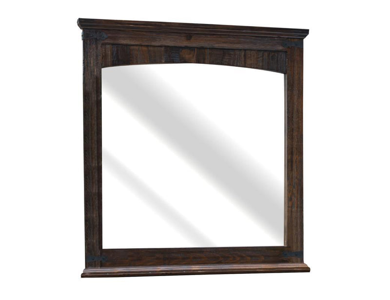Decorative mezcal-inspired mirror from International Furniture Direct with a rustic wooden frame and intricate design details.