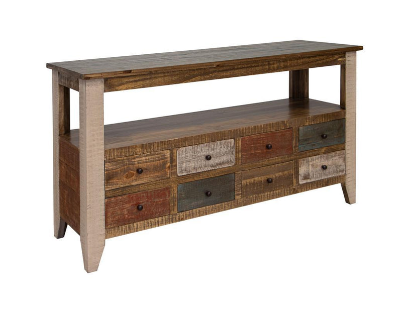 Antique multicolor sofa table with eight drawers from International Furniture Direct, showcasing detailed wood craftsmanship.