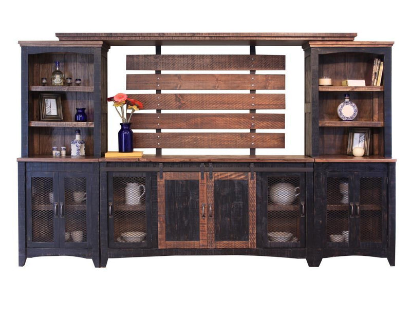 Black Pueblo universal pier from International Furniture Direct with two mesh doors and open shelving for storage.