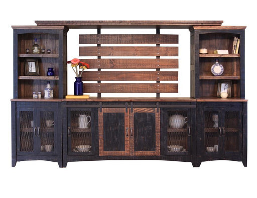Black Pueblo universal pier from International Furniture Direct with two mesh doors and open shelving for storage.