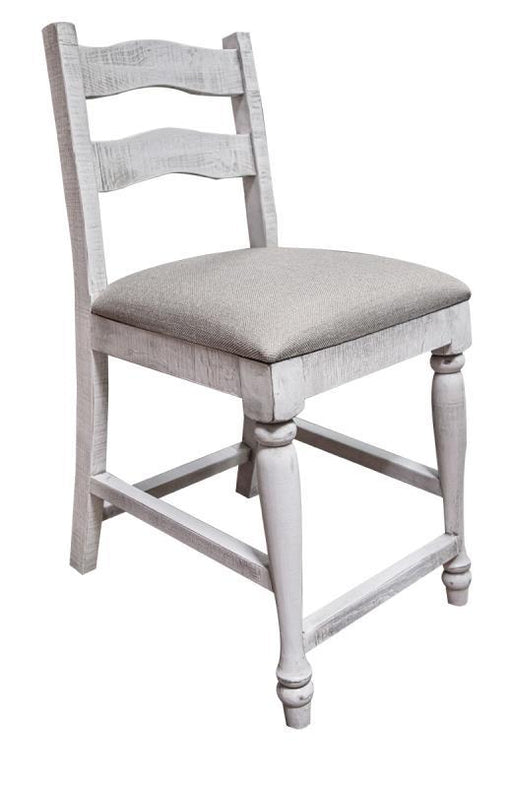 International Furniture Direct Rock Valley 24-inch barstool with wooden seat and metal frame, showcasing a rustic design.