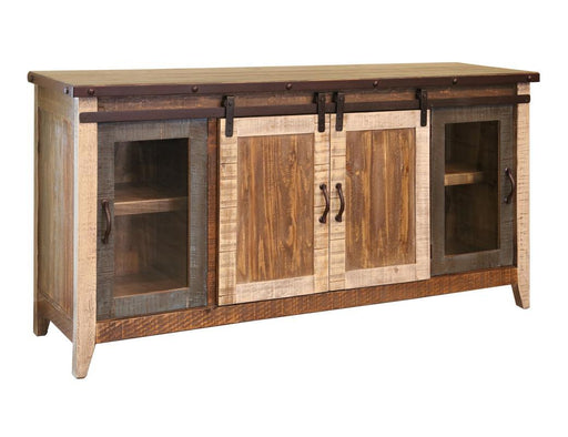 Antique multicolor 70-inch TV stand with glass doors, sliding doors, and shelves by International Furniture Direct