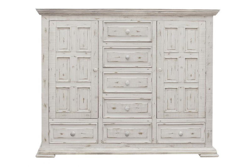 International Furniture Direct Terra White 7 Drawer Mule Chest with 2 doors, showcasing a rustic wooden storage chest.