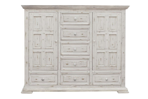 International Furniture Direct Terra White 7 Drawer Mule Chest with 2 doors, showcasing a rustic wooden storage chest.