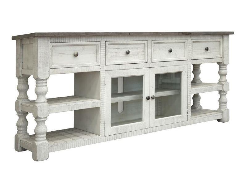Stone 80-inch TV stand by International Furniture Direct with four drawers and two glass doors, modern and functional design.