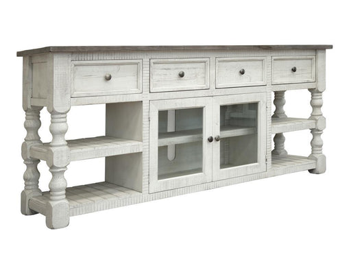Stone 80-inch TV stand by International Furniture Direct with four drawers and two glass doors, modern and functional design.
