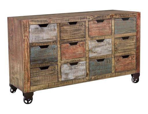 Multicolor urban console with 12 numbered drawers by International Furniture Direct, featuring a vibrant, multi-color finish.