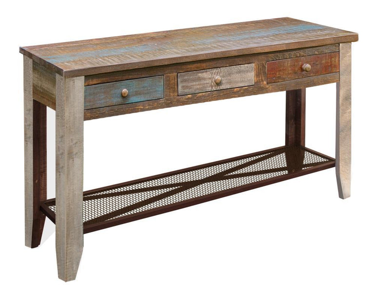 Antique multicolor sofa table with three drawers, crafted by International Furniture Direct, showcasing detailed woodwork and vibrant finish.