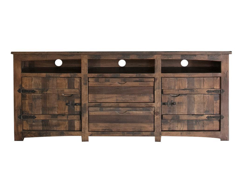 International Furniture Direct 80-inch TV stand with 2 doors, 2 drawers, and 3 open shelves for modern entertainment setup.
