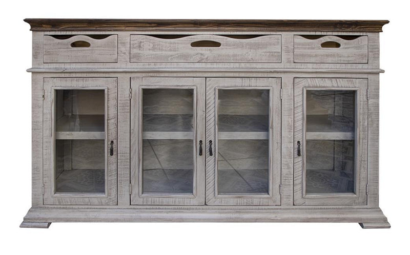 Gray International Furniture Direct console with three drawers and four doors, showcasing a modern storage solution.