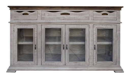 Gray International Furniture Direct console with three drawers and four doors, showcasing a modern storage solution.