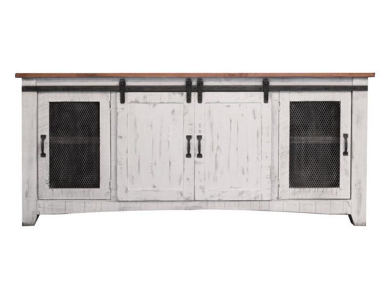 White Pueblo 80-inch TV stand by International Furniture Direct with four doors and open shelves, suitable for modern living rooms.