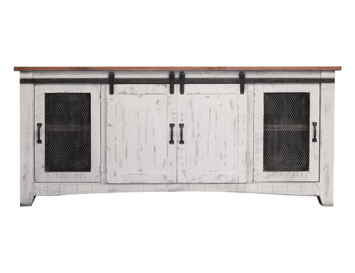White Pueblo 80-inch TV stand by International Furniture Direct with four doors and open shelves, suitable for modern living rooms.