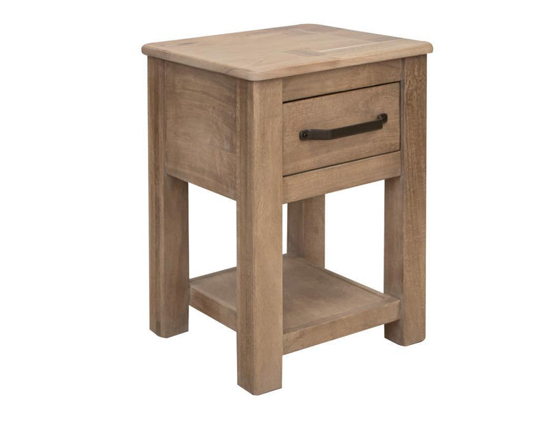 Natural Parota end table with one drawer, chairside design by International Furniture Direct, showcasing wood grain and handcrafted details.