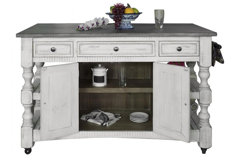 Stone kitchen island by International Furniture Direct with 3 drawers, 2 doors, 4 shelves, and casters for easy mobility.
