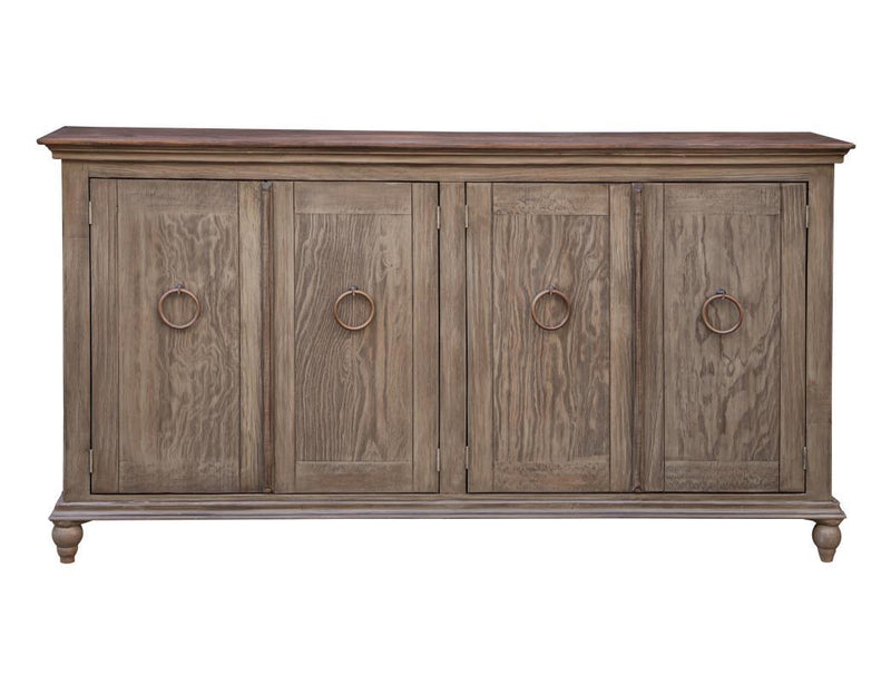 Olive-finish Capri console with four doors, designed by International Furniture Direct, showcasing elegant storage and modern style.