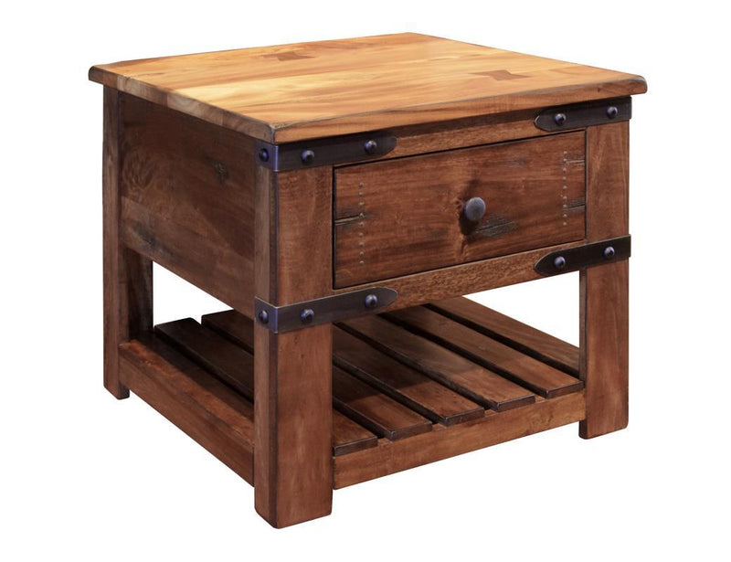 Parota wood end table with a single drawer from International Furniture Direct, featuring a smooth surface and stylish design.