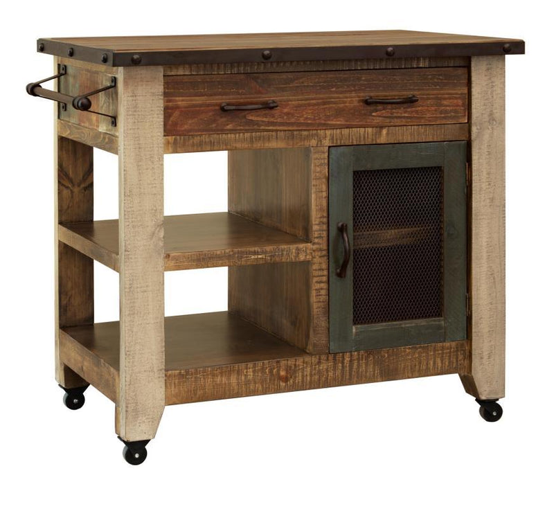 Antique multicolor kitchen island with one drawer and one mesh door, by International Furniture Direct, showcasing a rustic finish.