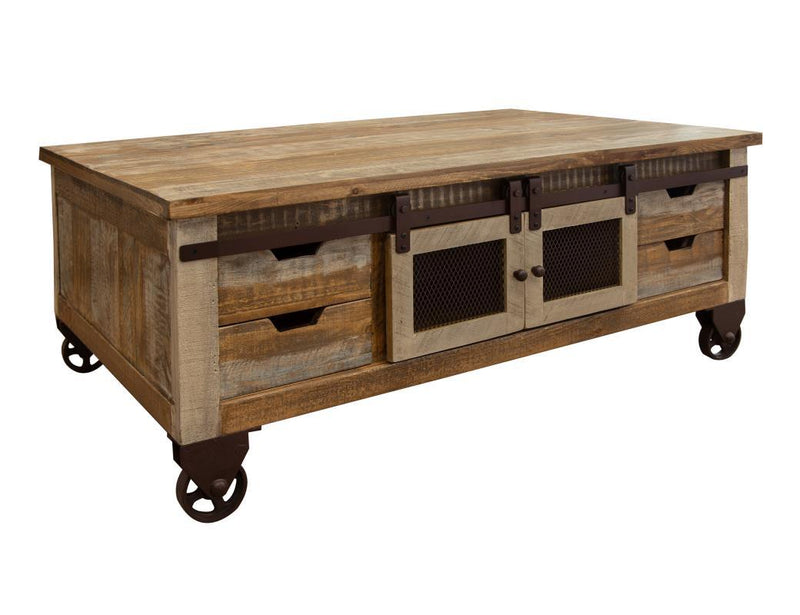 Antique multicolor cocktail table with 8 drawers and 4 doors by International Furniture Direct, featuring a vintage wooden design.