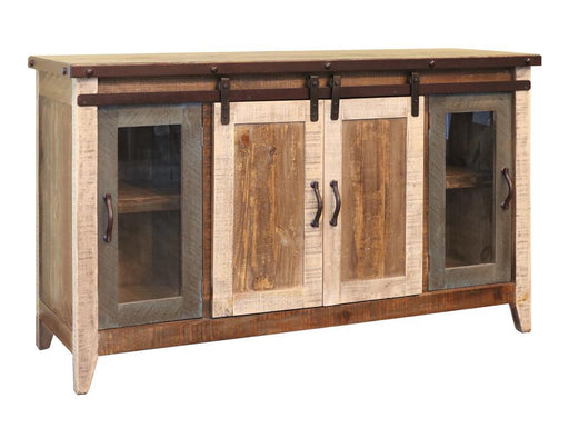 Antique multicolor TV stand from International Furniture Direct with glass doors, sliding doors, and multiple shelves.