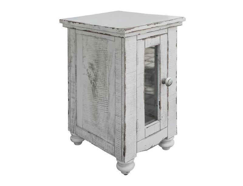 International Furniture Direct Aruba 1-door chair side end table with white finish, showcasing a sleek, modern design.