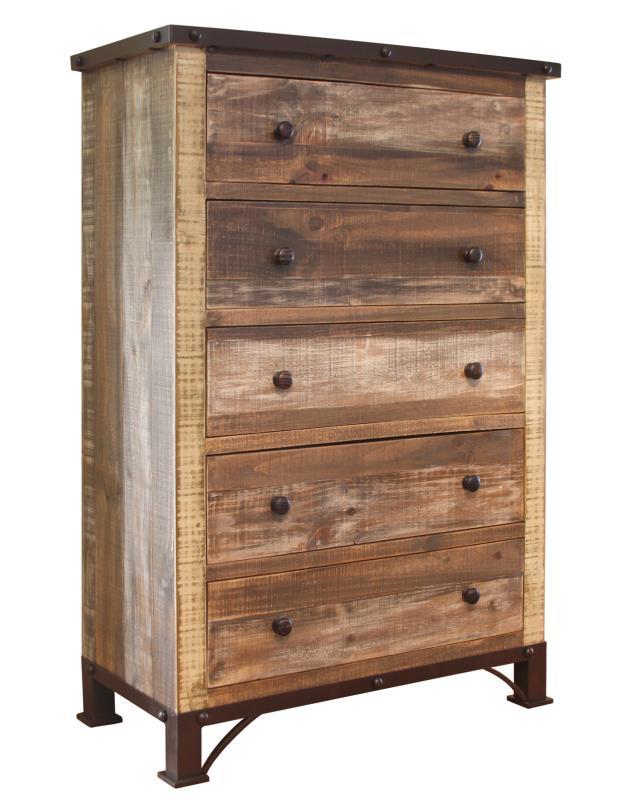 Antique multicolor 5-drawer chest by International Furniture Direct showing wooden chest with colorful drawers and vintage style.