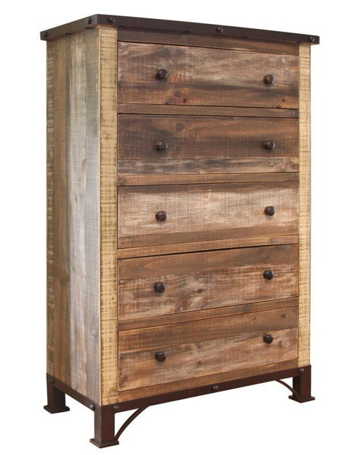 Antique multicolor 5-drawer chest by International Furniture Direct showing wooden chest with colorful drawers and vintage style.