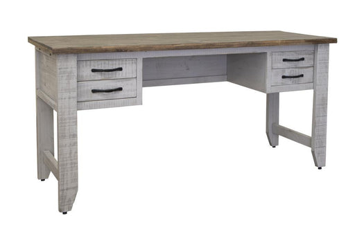 Gray Pueblo 4-drawer desk by International Furniture Direct featuring a spacious tabletop and stylish storage drawers.