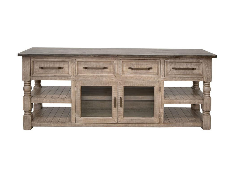 Natural stone TV stand with four drawers and two doors, 80-inch wide, by International Furniture Direct.