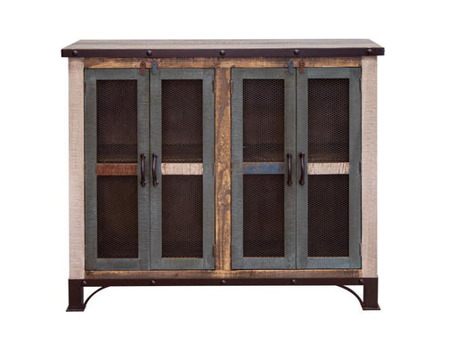 Antique multicolor 48-inch cabinet with four iron mesh door panels and a central shelf, by International Furniture Direct.