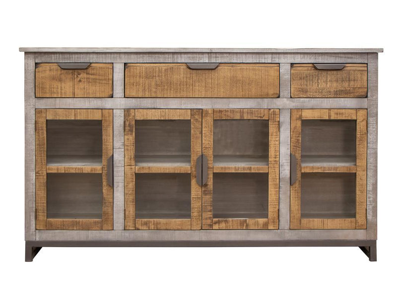 Modern Mita console with 3 drawers and 4 doors by International Furniture Direct, showcasing sleek wood finish and practical storage.