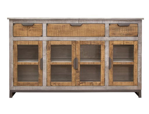 Modern Mita console with 3 drawers and 4 doors by International Furniture Direct, showcasing sleek wood finish and practical storage.