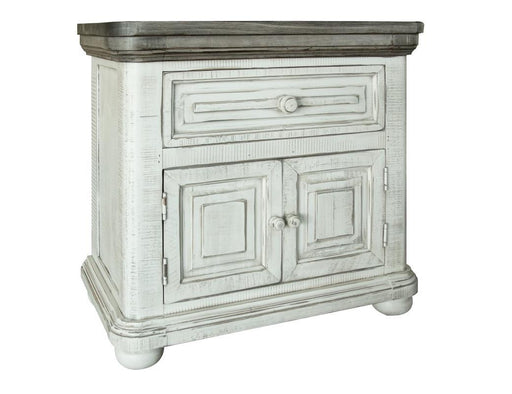 Luna nightstand with one drawer and two doors, made by International Furniture Direct, featuring a rustic wood finish and classic design.