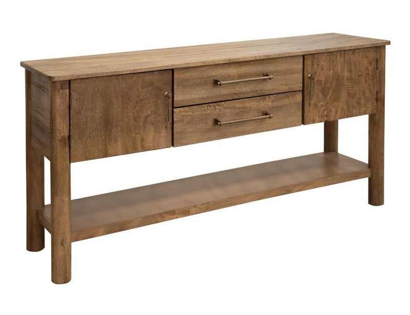 International Furniture Direct Olimpia sofa table with two drawers and two doors, featuring a stylish wooden finish.