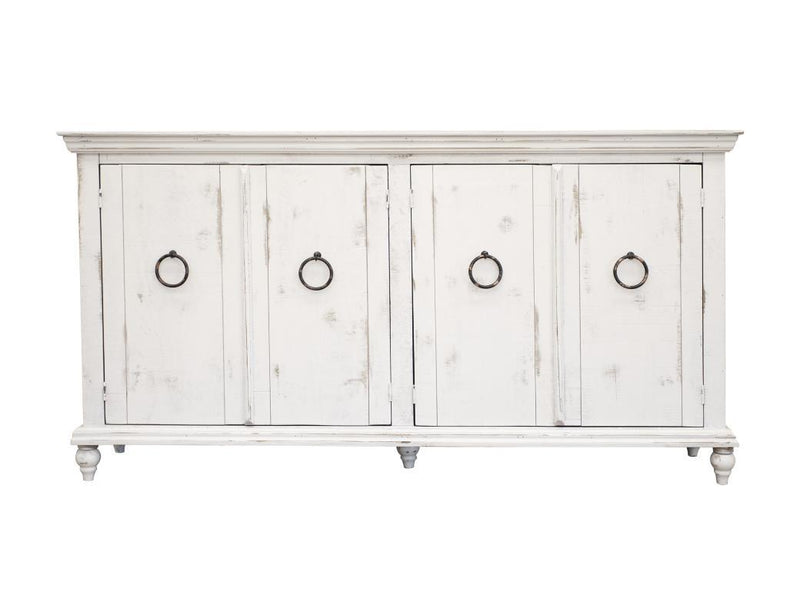 White Capri console with four doors from International Furniture Direct, showcasing a sleek, modern storage piece with clean lines.