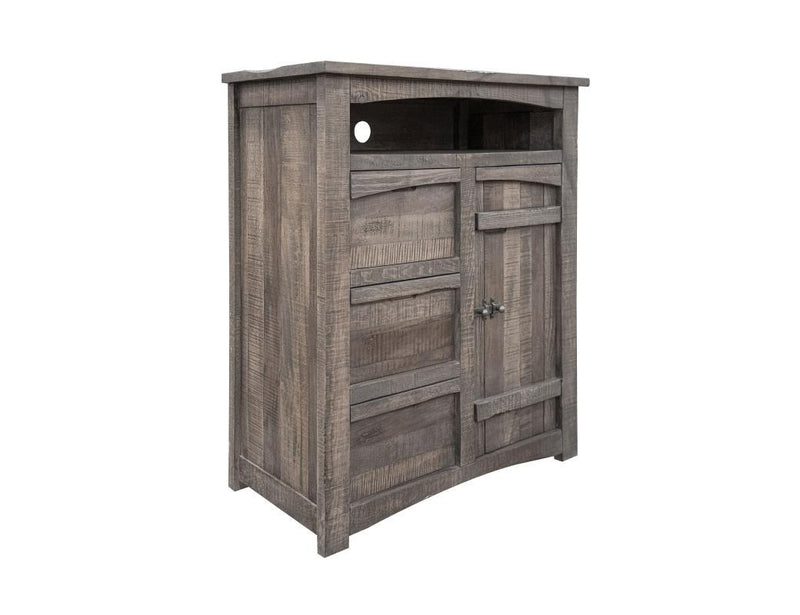 San Antonio 3-drawer, 1-door chest by International Furniture Direct, featuring a rustic wooden TV storage unit with drawers and cabinet.