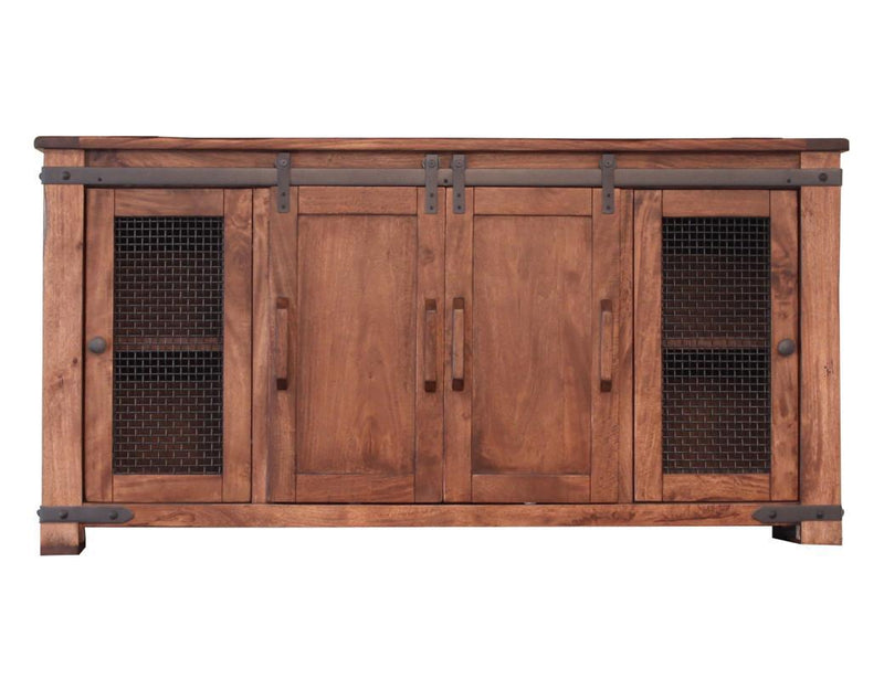 International Furniture Direct Parota 70-inch TV stand with four doors and open shelves for media storage and home entertainment.