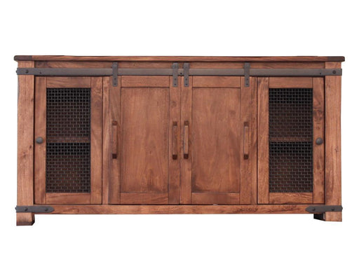 International Furniture Direct Parota 70-inch TV stand with four doors and open shelves for media storage and home entertainment.