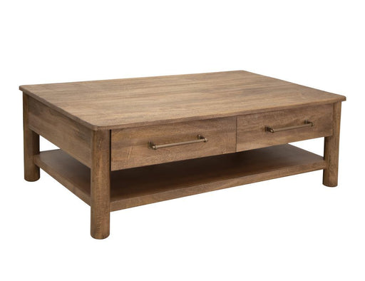 International Furniture Direct Olimpia 2-Drawer Cocktail Table with wooden finish and modern design, showing the table and drawers.