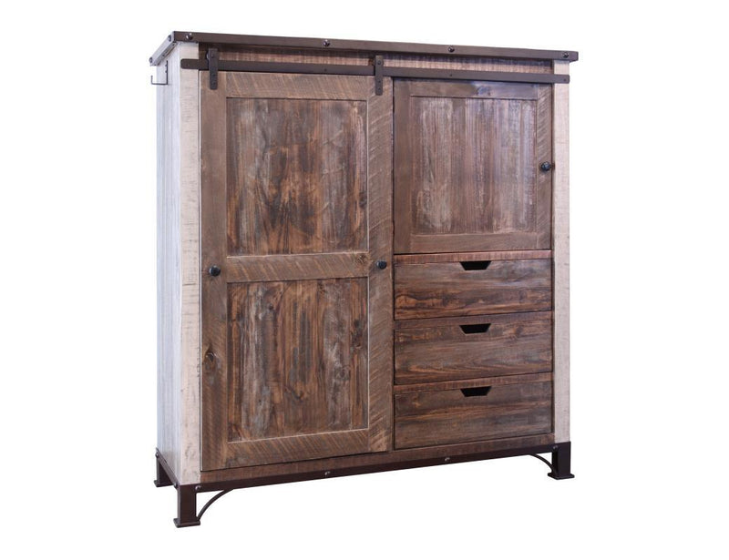 Antique multicolor wooden gentleman’s chest with 3 drawers, sliding door, and single door by International Furniture Direct.