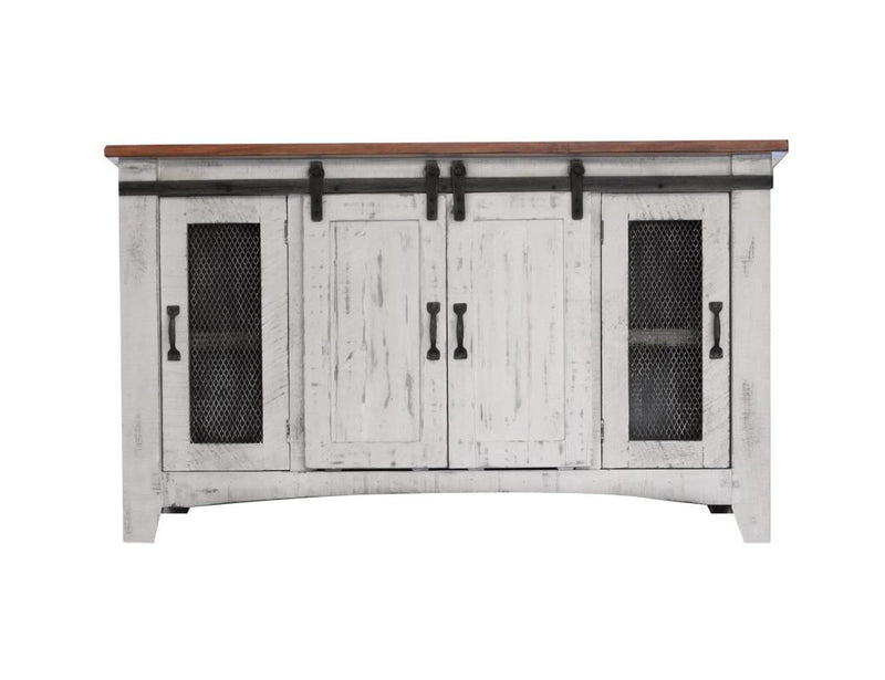 White Pueblo 60-inch TV stand with four doors and shelves by International Furniture Direct, showcasing a stylish storage solution.